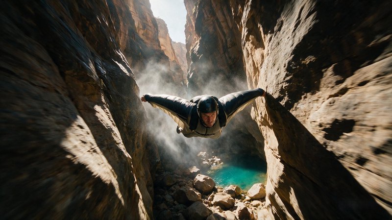 [Wingsuit flier glides at high speed through a narrow sunlit sandstone slot canyon above a bright turquoise canyon pool.]