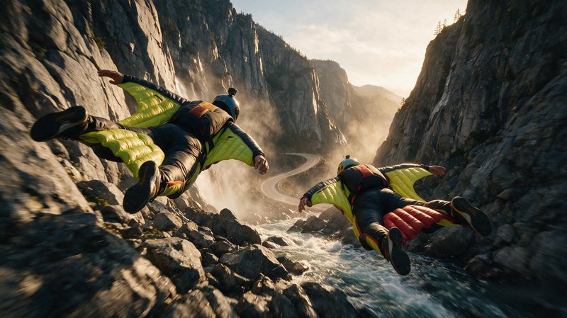 Two wingsuit flyers glide low through a steep rocky mountain gorge above a rushing river at golden hour.