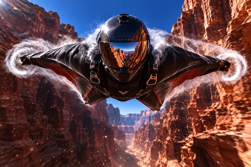[Wingsuit flier in black protective helmet glides through red sandstone canyon with swirling vapor trails under bright blu...
