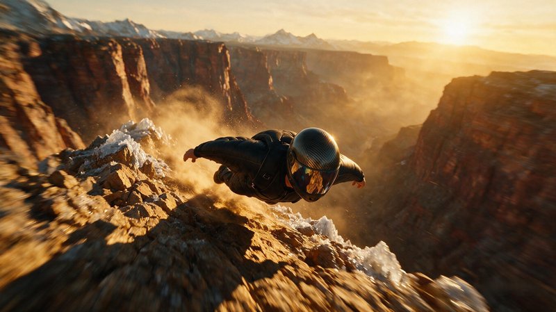 Wingsuit flyer skims close to a snow-dusted rocky canyon rim at golden hour, motion blur capturing high freefall speed