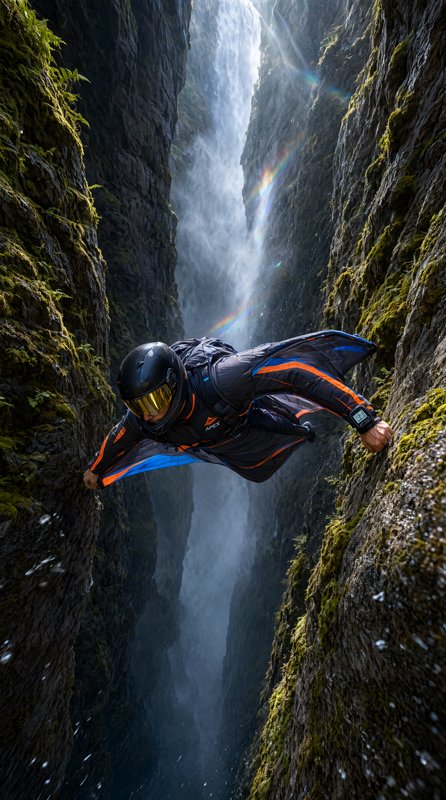 [Wingsuit pilot glides between mossy canyon walls next to a tall cascading backlit waterfall with rainbow sunbeams.]