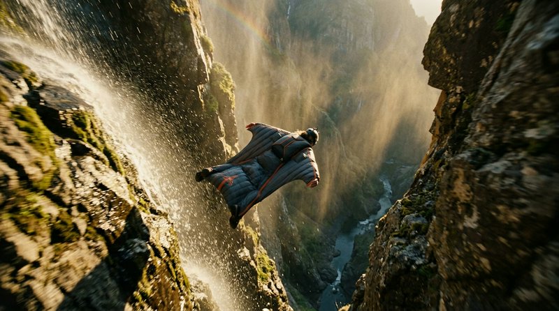 Wingsuit flyer glides through a rocky mountain canyon beside a cascading waterfall in warm golden sunlight.