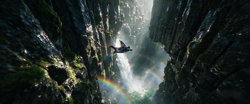 Wingsuit flyer glides through a narrow mossy basalt canyon beside a misty waterfall framed by rainbows and sunbeams