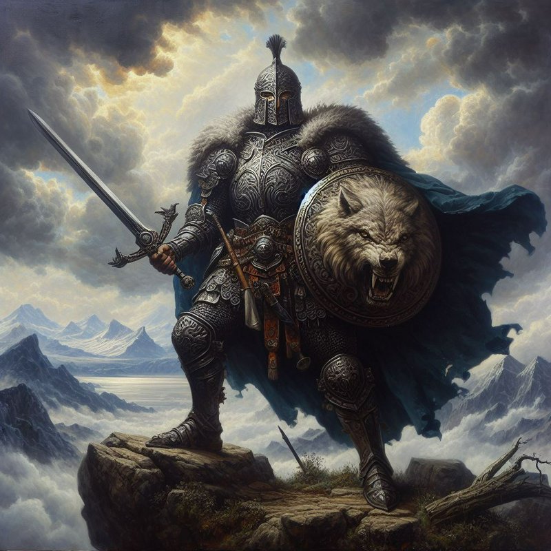 [Ornate armored fantasy knight holding a sword and wolf shield stands atop a rocky mountain peak under dramatic sunlit sto...