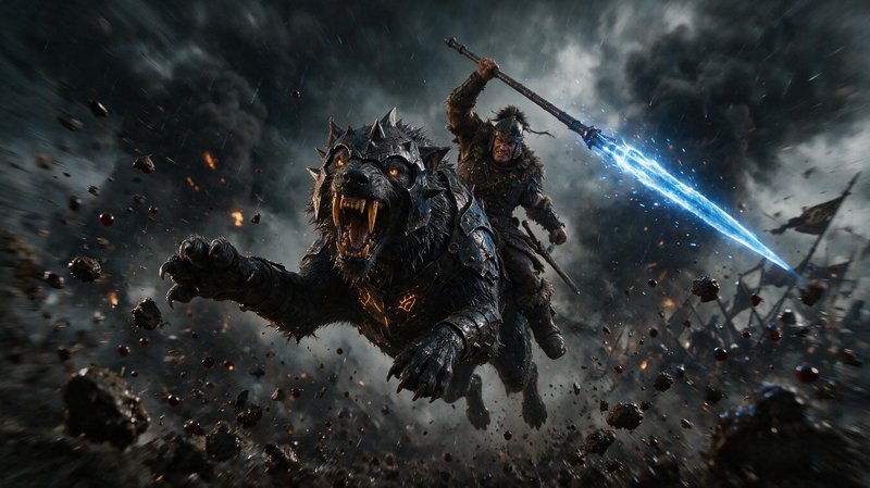 Armored Norse warrior wields glowing lightning spear while charging on a spiked giant dire wolf across a storm-torn battle...