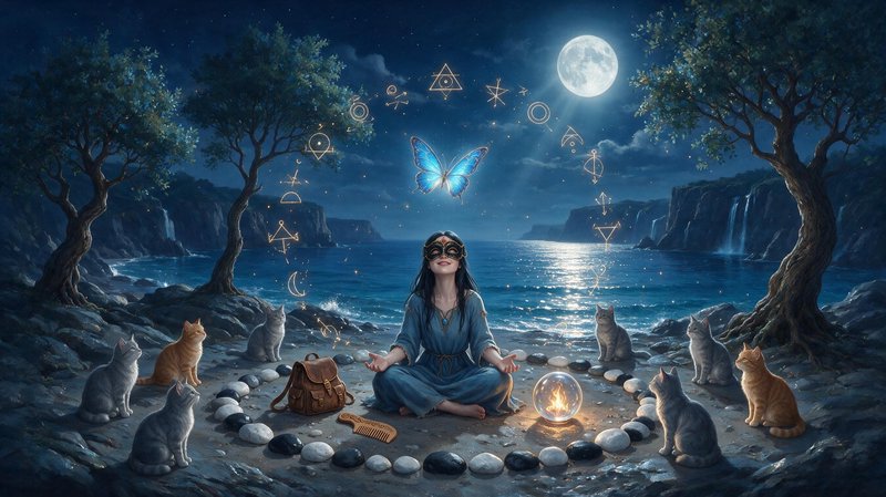Masked mystic meditates in a stone ritual circle on a moonlit coastal shore, surrounded by cats, glowing magic sigils, and...