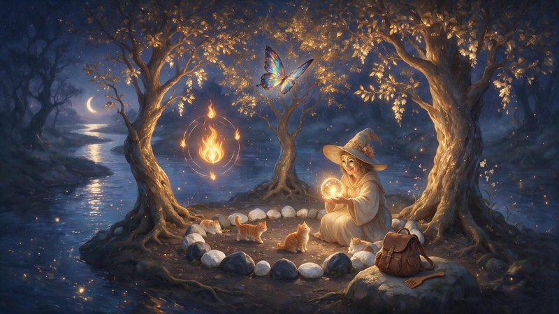 [Whimsical forest witch holds a glowing orb, surrounded by cats and golden glowing trees on a moonlit enchanted river island]