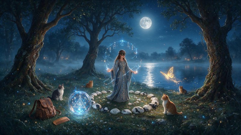 Masked sorceress casts magic in a stone circle by a moonlit lake, surrounded by cats, a glowing crystal ball and golden bu...