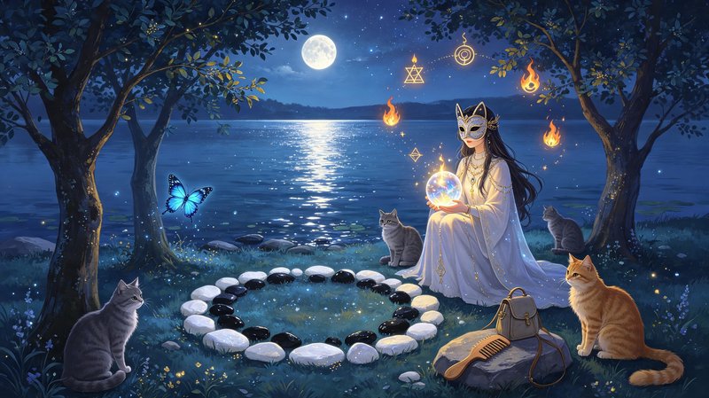 [Cat-masked witch holding glowing crystal ball sits in lakeside stone circle under a full moon, surrounded by cats and mag...