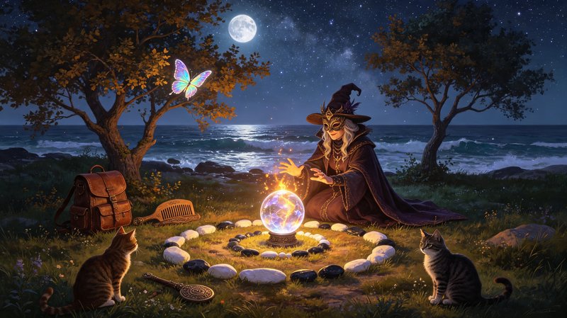 Masked witch fortune teller channels magic into a glowing crystal ball in a stone circle on a full moon beach, watched by ...