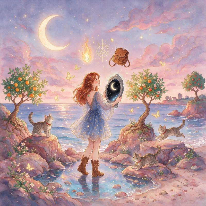 [Watercolor fantasy illustration of a girl holding a moon mirror on an enchanted pastel shore with tabby cats and crescent...