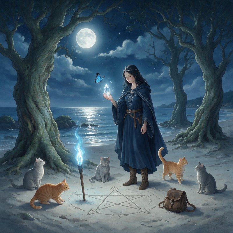 [Sorceress holding glowing crystal stands in summoning circle on moonlit beach, surrounded by cats under a full night sky]