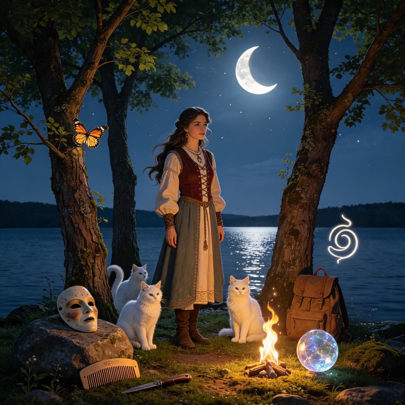 Enchanted fantasy scene of a folk wise woman with white cat familiars by a lakeside campfire under a crescent moon.