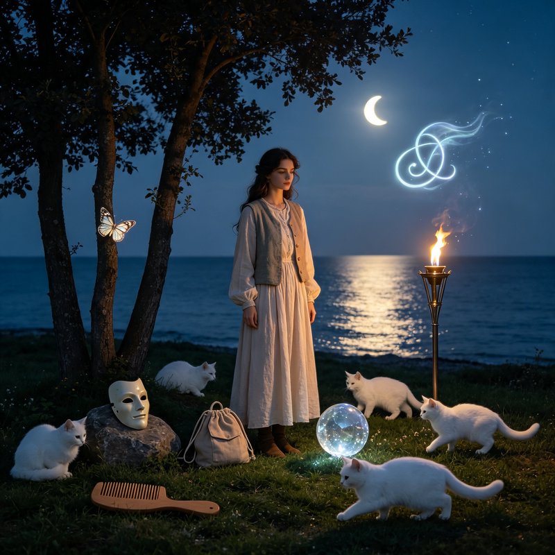 Mystical folk-dressed woman on moonlit coastal shore, surrounded by white cats, glowing crystal ball, and floating magical...
