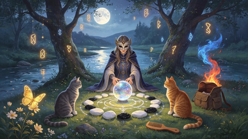 [Masked mystic conducts crystal ball divination ritual in moonlit forest clearing, flanked by cats and glowing floating ru...