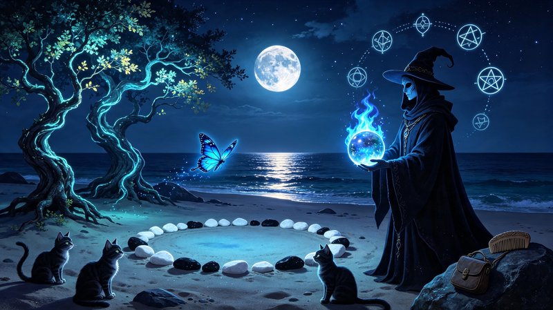 [Mysterious hooded wizard holds glowing crystal orb during a magical ritual on a moonlit ocean beach with cat familiars un...