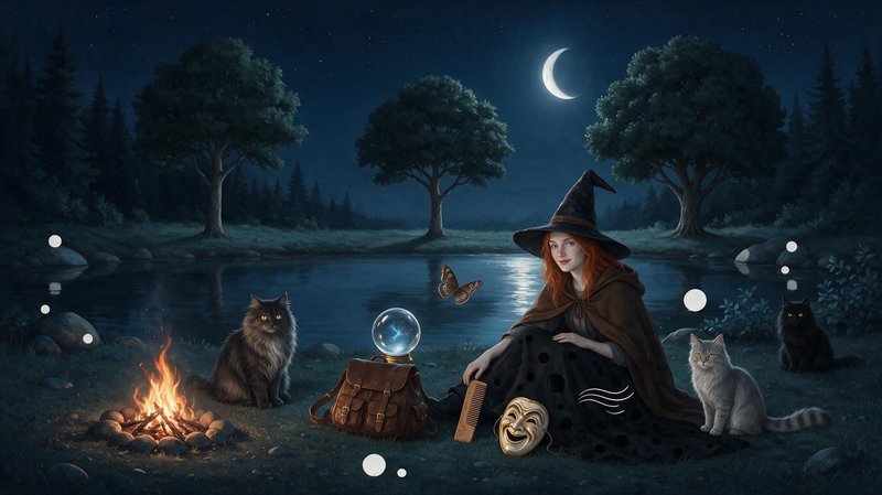 Red-haired witch sits by a lakeside campfire under a crescent moon with her cat familiars and magical supplies.