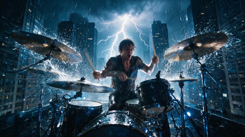 Intense male drummer plays a water-slick drum set on a skyscraper rooftop during a storm, lightning glowing behind the