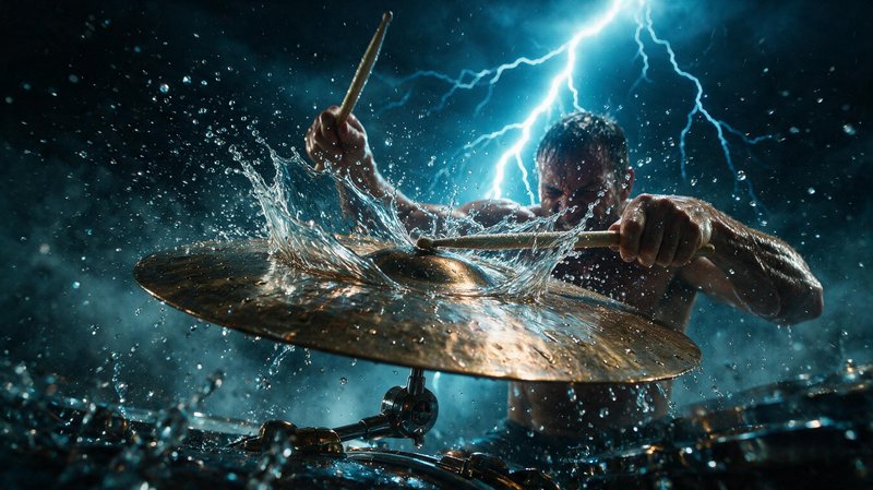Intense shirtless drummer strikes a brass cymbal, water splashing, against a dramatic lightning storm background.