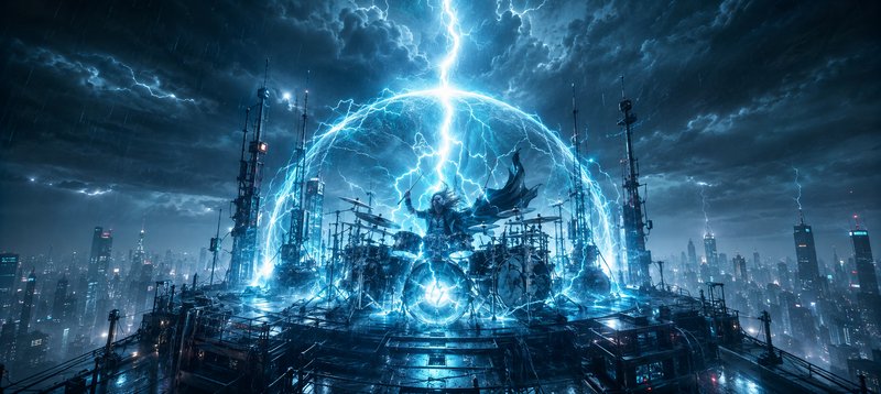 [Epic fantasy drummer plays a rooftop drum set encircled by a glowing lightning dome during a storm over a cyberpunk city ...