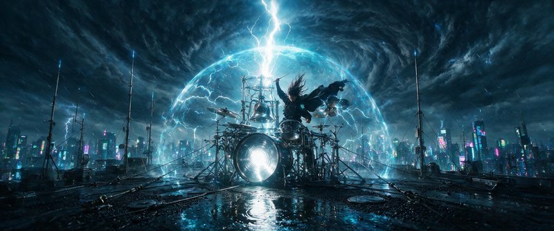 [Epic fantasy heavy metal drummer performs on a stormy rooftop, surrounded by a lightning energy dome above a neon cyberpu...