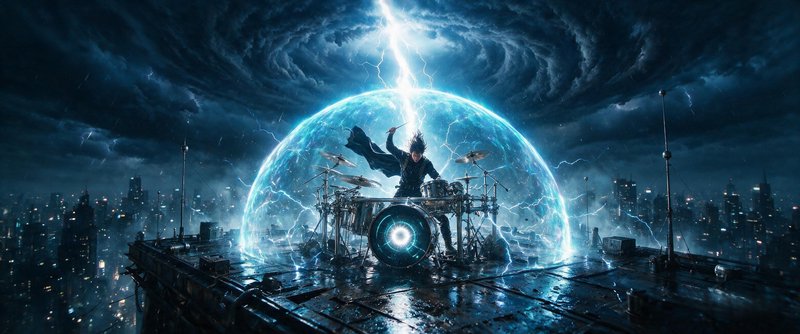 Dramatic fantasy drummer plays a drum set on a rainy skyscraper rooftop, encased in a glowing blue lightning shield under ...