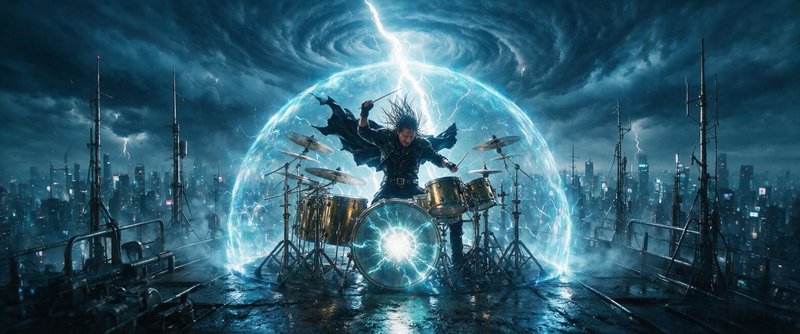 [Epic heavy metal drummer plays a drum kit on a stormy skyscraper rooftop encircled by glowing lightning energy]