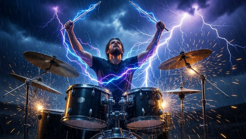 Intense bearded drummer raises lightning-wreathed drumsticks above a drum kit during a dramatic rainy thunderstorm