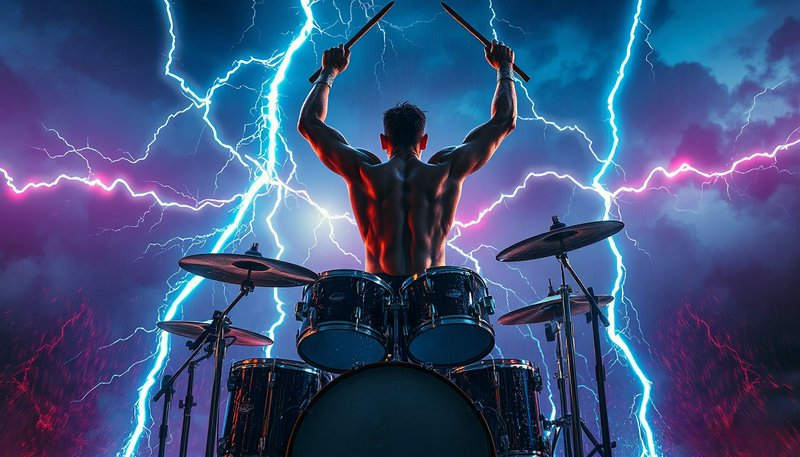 Shirtless male drummer holds drumsticks aloft over a drum kit, with bright lightning bolts across a dramatic storm sky beh...