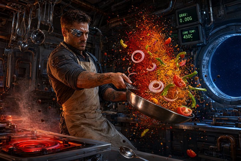 [Rugged chef with cybernetic eye tosses zero-gravity stir fry in an industrial spaceship kitchen]
