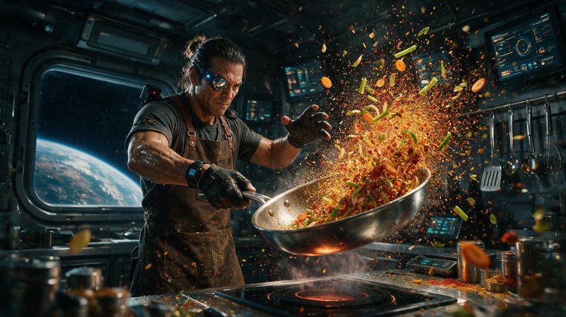 Rugged futuristic spaceship chef tosses stir fry from a wok, with planet Earth visible through the station porthole