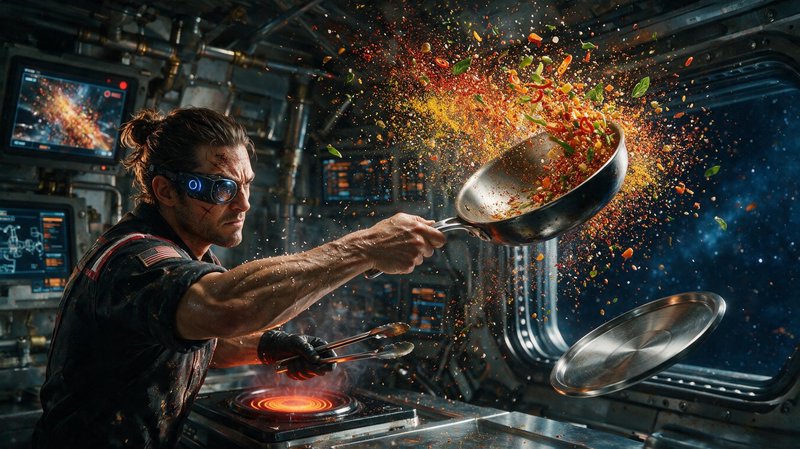 [Rugged futuristic space chef with a cybernetic eyepiece tosses stir fry mid-air from a pan inside a starship galley overl...