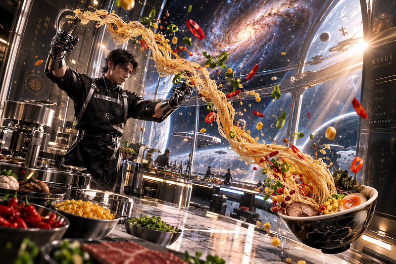 [Cybernetic chef with robotic arms tosses floating ramen noodles inside a glass space station restaurant with galaxy views]