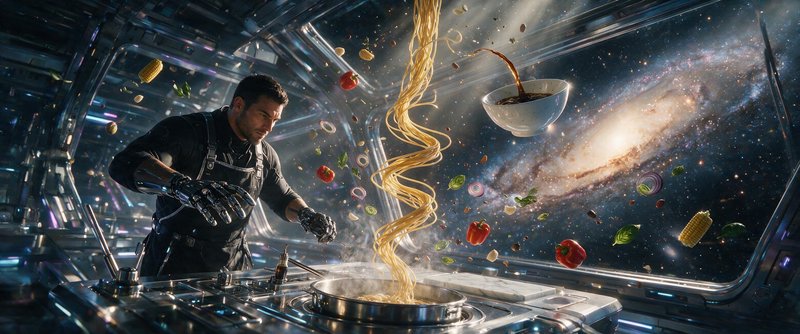 Cybernetic futuristic chef cooks weightless floating pasta in zero gravity inside a spaceship with a galaxy viewport.