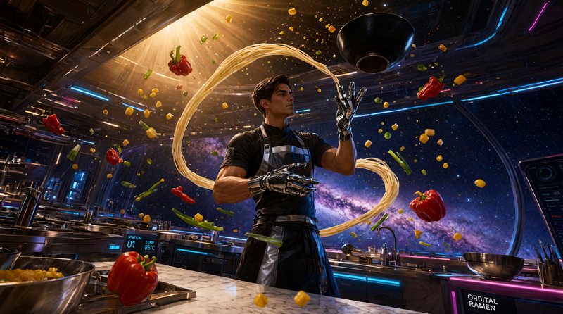 Futuristic chef with cybernetic gloves manipulates floating zero-g ingredients in a space station kitchen overlooking the ...