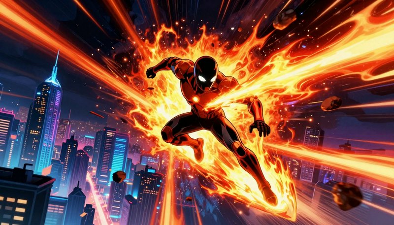 Red armored flame-powered superhero speeds through the air, surrounded by fire trails above a neon night city skyline
