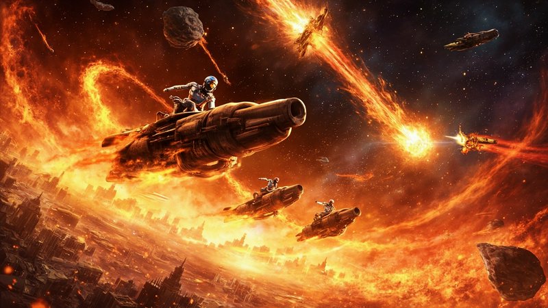 Astronauts ride futuristic speeder ships through a fiery outer space battle above a burning ruined alien city