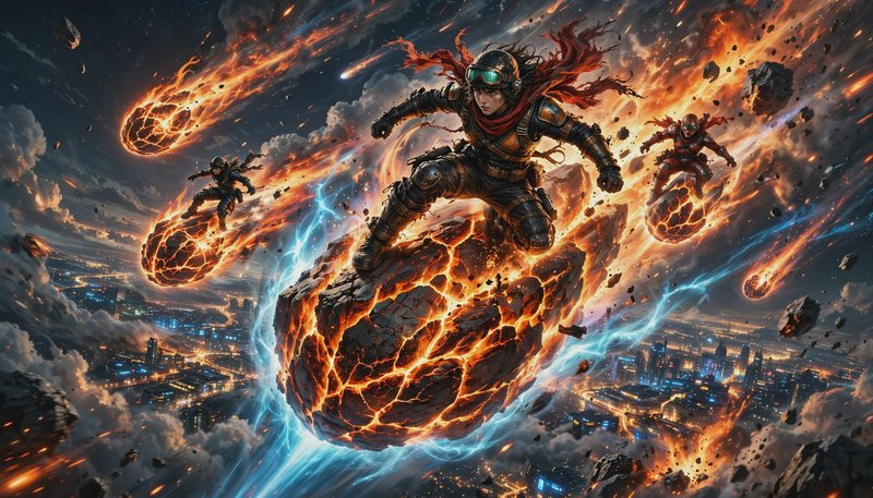 Armored futuristic heroes ride flaming glowing meteors through a stormy sky over a lit nighttime city.
