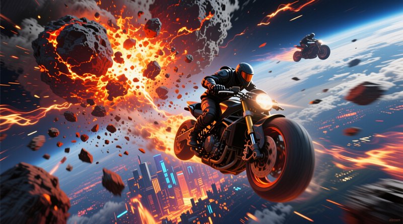 [Armored futuristic motorcyclists race through orbit past exploding fiery asteroids above a glowing neon cyberpunk city be...