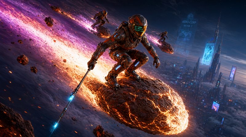 Armored astronaut surfers ride glowing fiery meteors above a neon cyberpunk city in outer space.