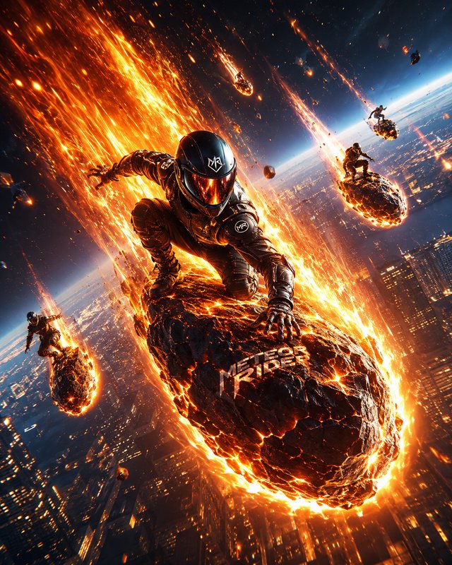 [Futuristic Meteor Rider racers crouch on burning falling meteors streaking from orbit over a glowing nighttime city skyli...