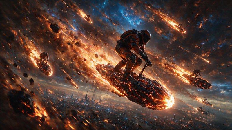 Astronauts in orange suits surf glowing molten meteors streaking above a futuristic spired city during a fiery cosmic storm.