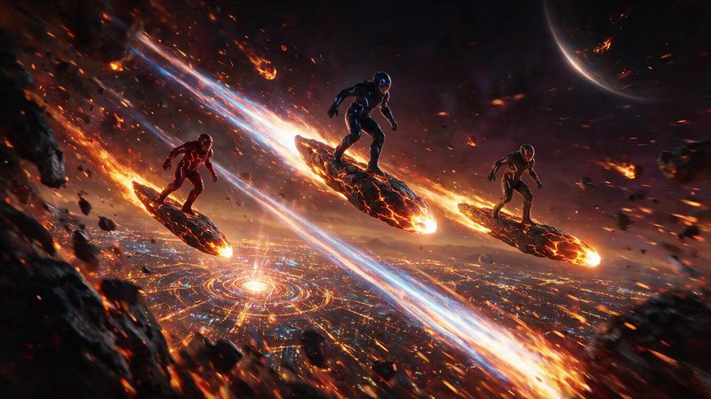 Three armored futuristic figures surf flaming meteors above a glowing circular alien city in outer space.