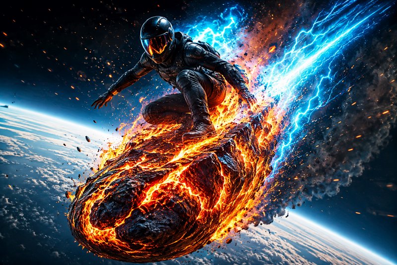 Astronaut in a spacesuit surfs a fiery molten meteor streaking above Earth, trailing blue lightning in outer space.