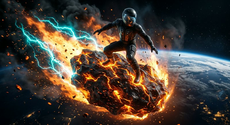 Astronaut crouched on a burning molten meteor surrounded by fire and turquoise lightning, orbiting above Earth in outer sp...
