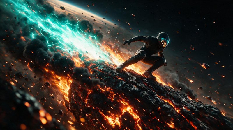[Astronaut crouched on a fiery molten meteor, glowing teal energy streaking through outer space near a distant planet]