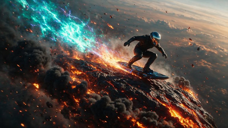 [Helmeted futuristic rider crouches on a glowing hoverboard surfing a fiery meteor high above clouds, trailed by bright te...