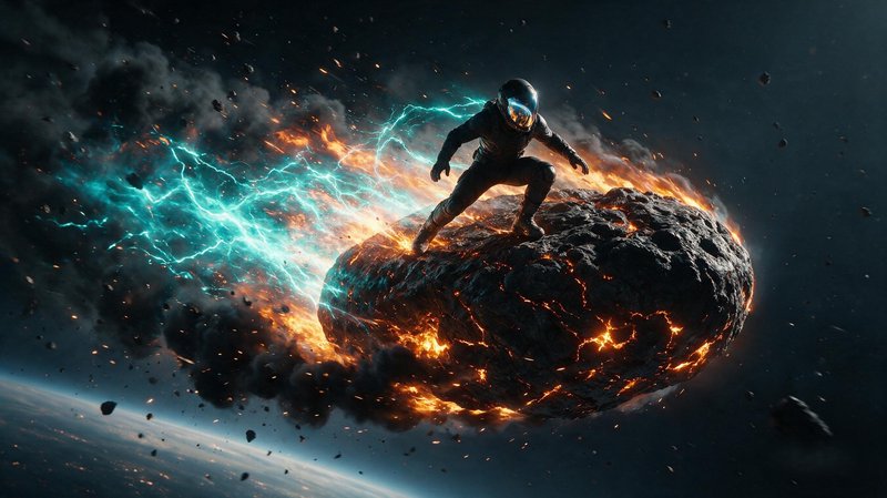 Astronaut in a spacesuit crouches atop a fiery streaking asteroid trailed by glowing teal lightning in outer space