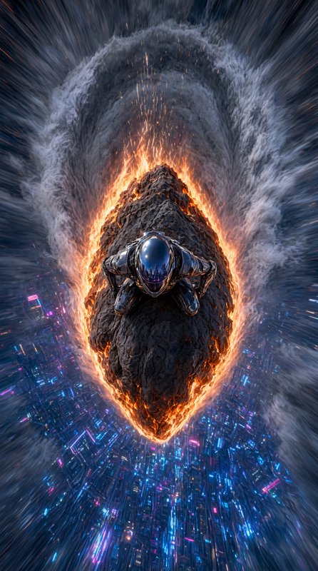 Futuristic armored astronaut crouched on a flaming meteor streaking over glowing neon cyberpunk city, motion blur effect