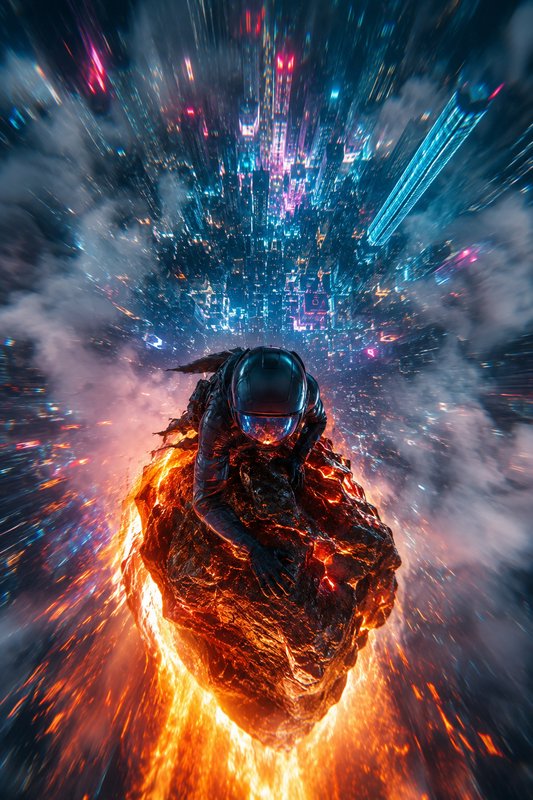 ["Astronaut in dark suit clings to burning meteor speeding toward glowing neon cyberpunk city, dramatic motion blur"]